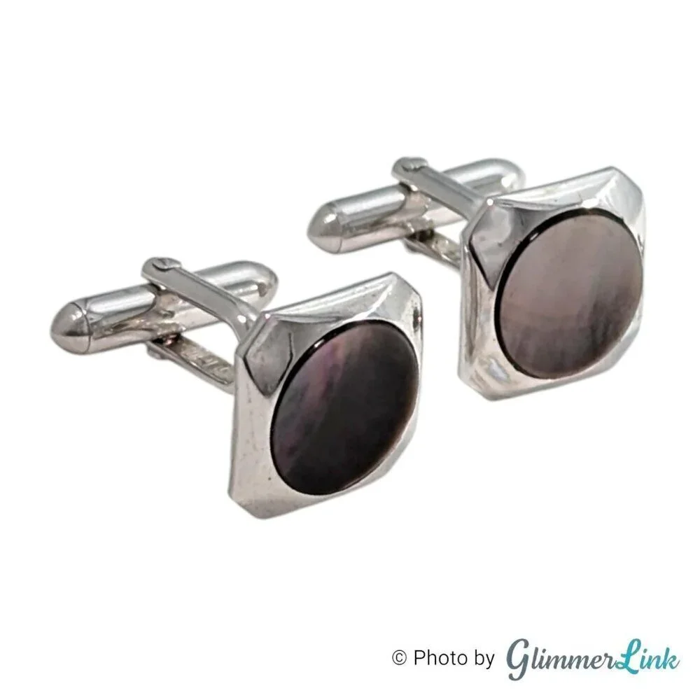 Vintage Swank Abalone Shell Art Deco Style Geometric Silver Tone Cufflink Set